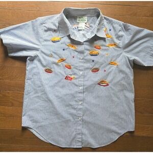 VTG The Quacker Factory Pie Pinstriped Button Up Size L Embroidered Pi Day Shirt